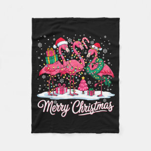 Merry Christmas Flamingo Lights Santa Hat Snow Xma Fleece Blanket