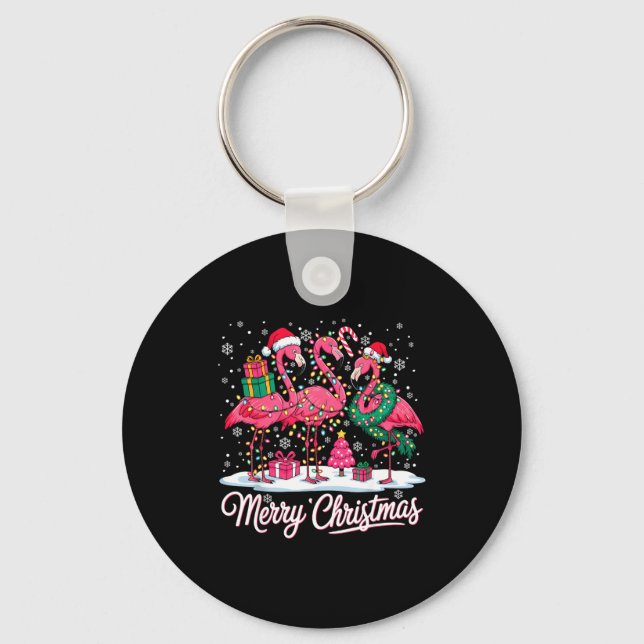 Merry Christmas Flamingo Lights Santa Hat Snow Xma Keychain (Front)