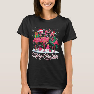 Merry Christmas Flamingo Lights Santa Hat Snow Xma T-Shirt