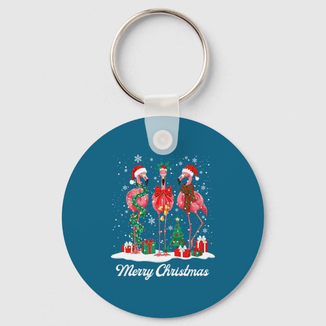 Merry Christmas Flamingo Santa Hat Christmas Light Keychain (Front)