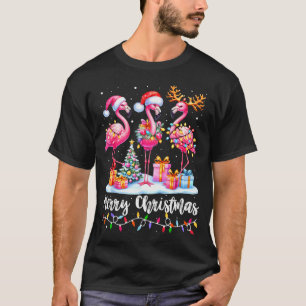 Merry Christmas Flamingo Santa Hat Xmas Pajamas Ho T-Shirt