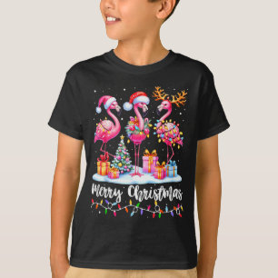 Merry Christmas Flamingo Santa Hat Xmas Pajamas Ho T-Shirt