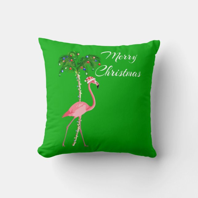 Merry Christmas Flamingo Throw Pillow (Front)