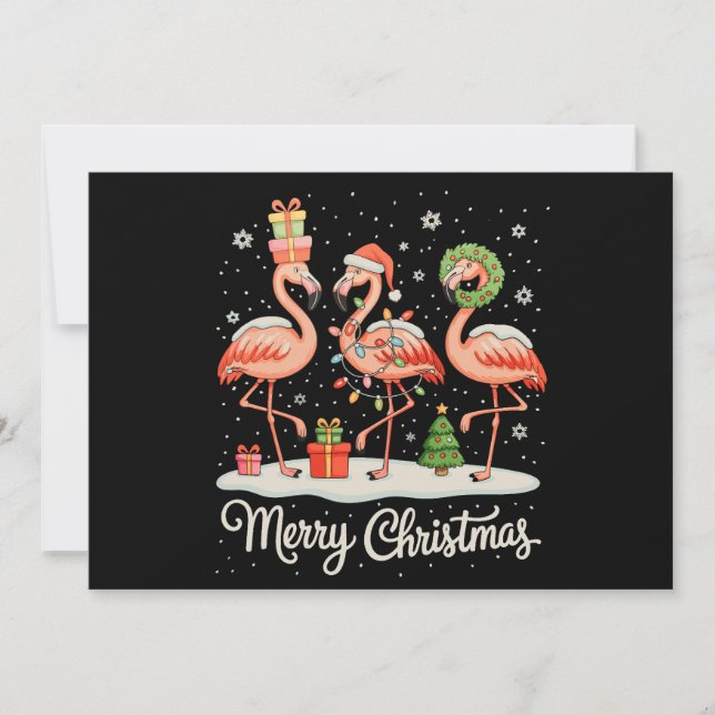 Merry Christmas Flamingo Xmas Lights Santa Hat Holiday Card (Front)