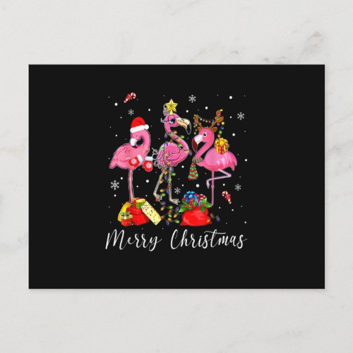 Merry Christmas Flamingos Cute Santa Hat Reindeer  Postcard