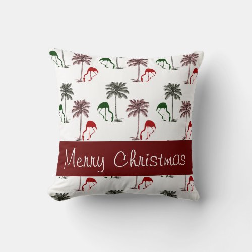 Merry Christmas Flamingos Palm Trees Pattern Throw Pillow