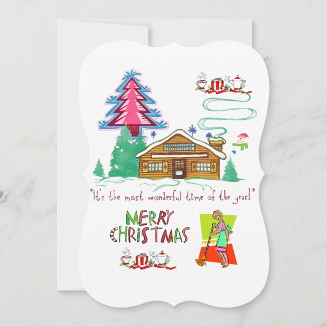 Merry Christmas Flat Greeting Card Cleaning Lady (Front)