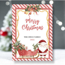Merry Christmas Flat Holiday Card Santa Sleigh Fun