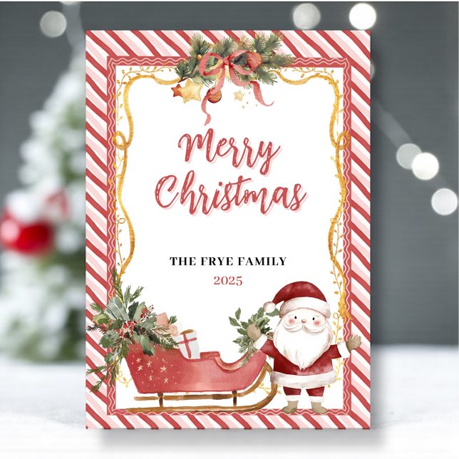 Merry Christmas Flat Holiday Card Santa Sleigh Fun (Watercolor Santa and red sleigh festive Christmas card)