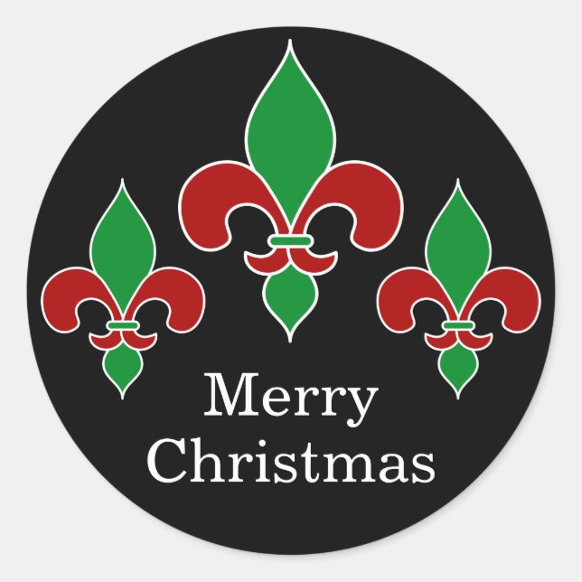 Merry Christmas Fleur de Lis Black Classic Round Sticker (Front)