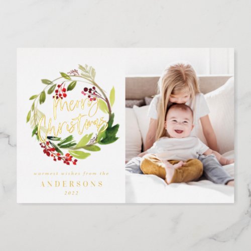 merry christmas floral 1 photo foil holiday card