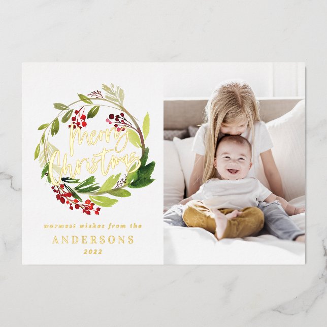 merry christmas floral 1 photo foil holiday card (Front)