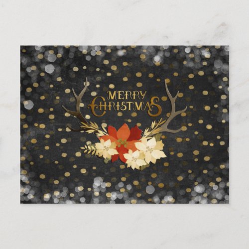 Merry Christmas Floral Antlers Confetti Holiday Postcard