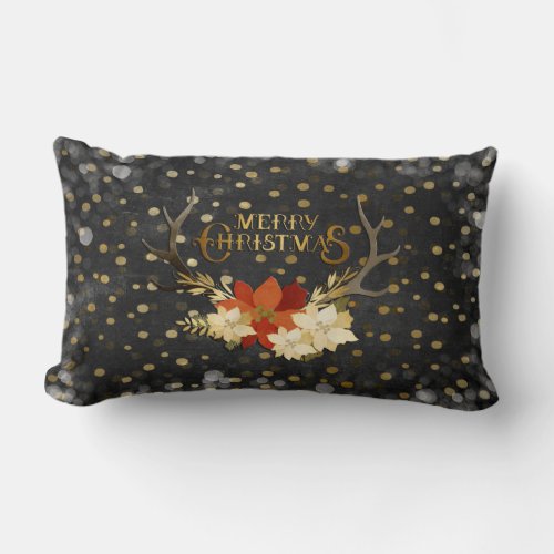 Merry Christmas Floral Antlers Confetti Lumbar Pillow