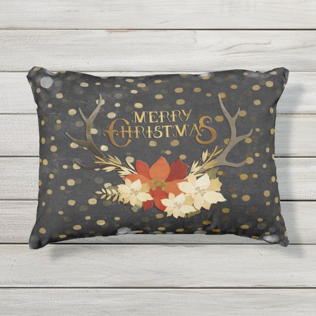 Merry Christmas Floral Antlers Confetti Outdoor Pillow (Front)