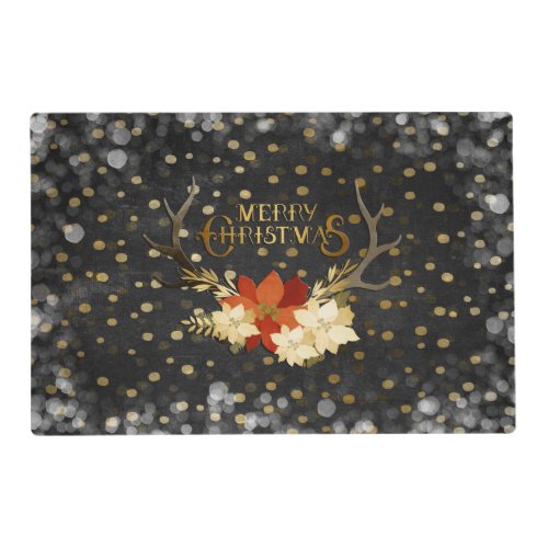 Merry Christmas Floral Antlers Confetti Placemat