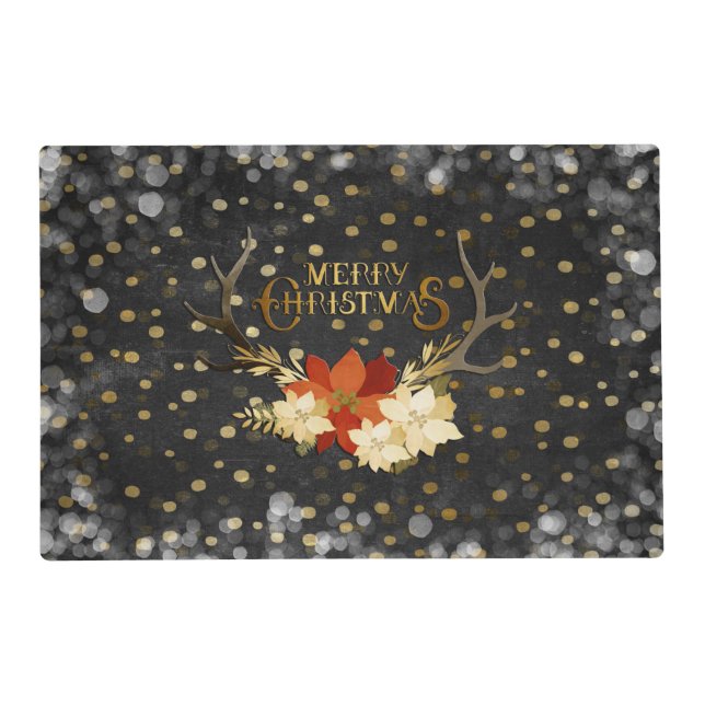 Merry Christmas Floral Antlers Confetti Placemat (Front)