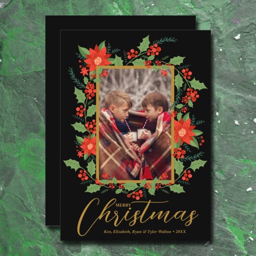 Merry Christmas Floral Black Photo Holiday Card