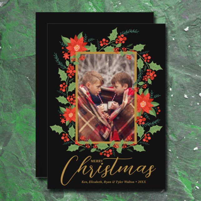 Merry Christmas Floral Black Photo Holiday Card (Creator Uploaded)