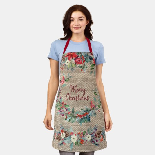 Merry Christmas floral burgundy pine green burlap Apron