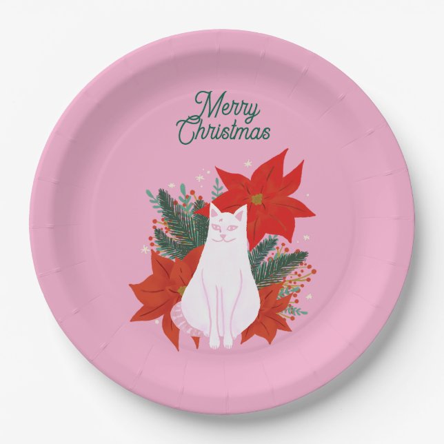 Merry Christmas Floral Cat Paper Plates (Front)