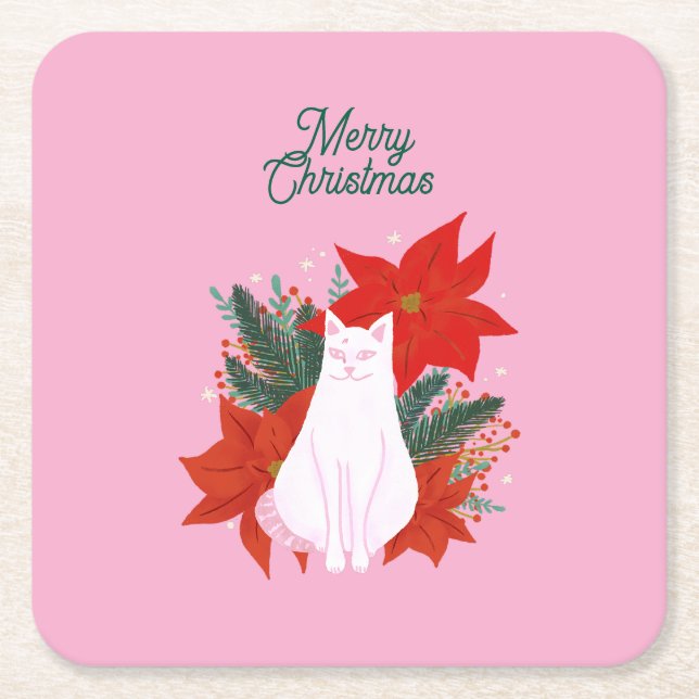 Merry Christmas Floral Cat Square Paper Coaster (Front)
