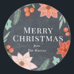 Merry Christmas Floral Chalkboard Holiday Classic Round Sticker<br><div class="desc">This chic "merry christmas" sticker features a black chalkboard background with holiday florals such as poinsettia flowers and red berries. Personalize for your needs. You can find matching products at my store.</div>