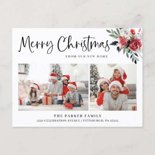 Merry Christmas  Floral Change of Address Photo Holiday Postcard