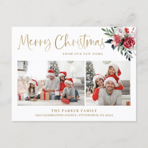 Merry Christmas  Floral Change of Address Photo Holiday Postcard