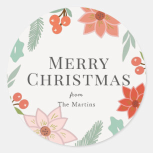 Merry Christmas Floral Cream White Holiday Classic Round Sticker