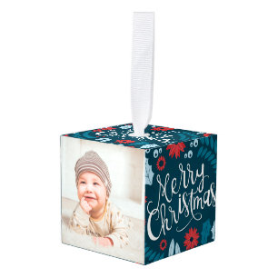 Merry Christmas Floral Cube Ornament