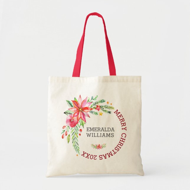 Merry Christmas Floral Flowers Bouquet & Text Tote Bag (Front)