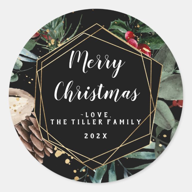 Merry Christmas Floral Frame  Classic Round Sticker (Front)