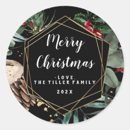 Merry Christmas Floral Frame Classic Round Sticker