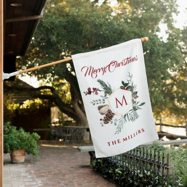 Merry Christmas Floral Frame Intial Double-Sided House Flag (In SItu)