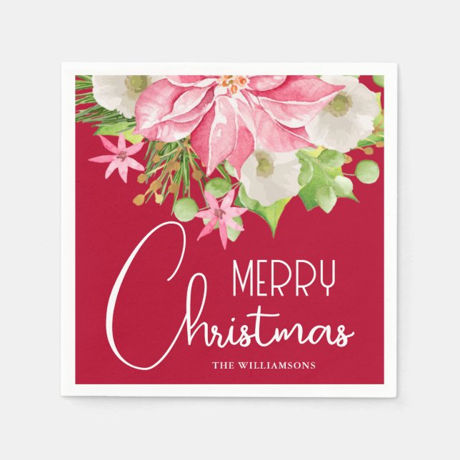 Merry Christmas Floral Holiday Napkins (Front)