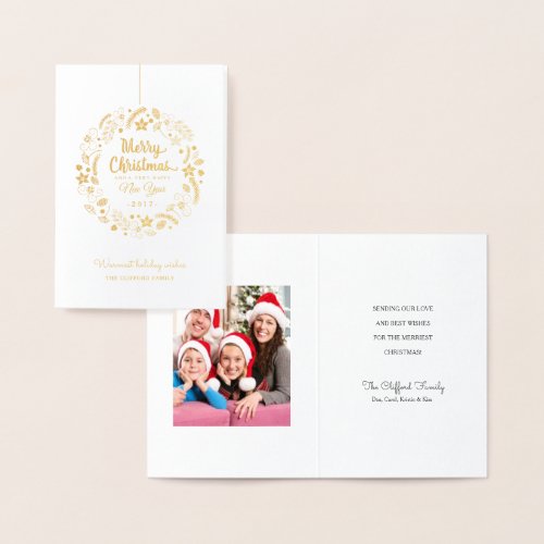 MERRY CHRISTMAS FLORAL HOLIDAY WREATH  GOLD FOIL CARD