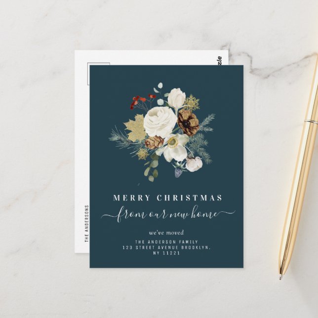 merry christmas floral moving announcement postcard (Front/Back In Situ)