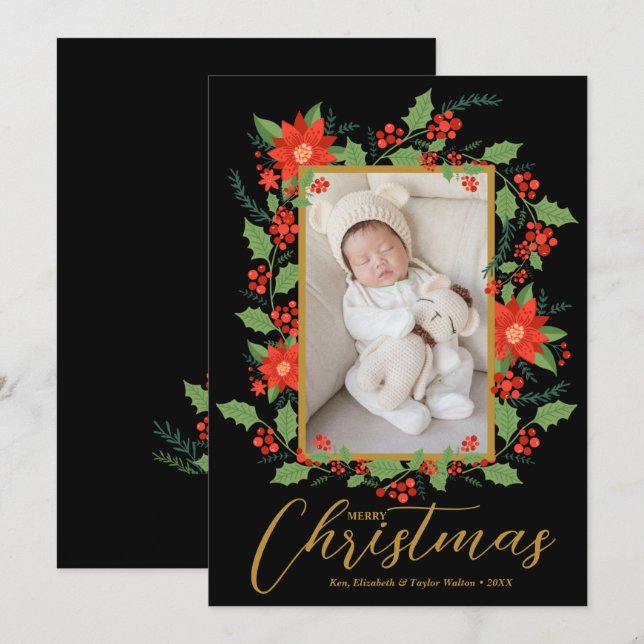 Merry Christmas Floral Photo Holiday Card (Front/Back)