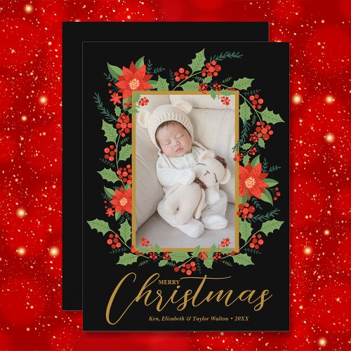 Merry Christmas Floral Photo Holiday Card