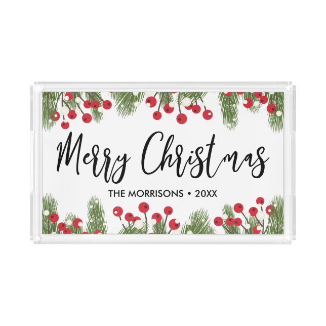 Merry Christmas Floral Pine Branch & Berry Custom Acrylic Tray (Front)
