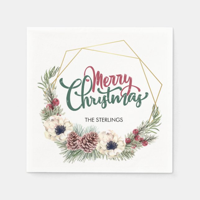 Merry Christmas Floral Pine Cone Holly Gold Frame Napkins (Front)