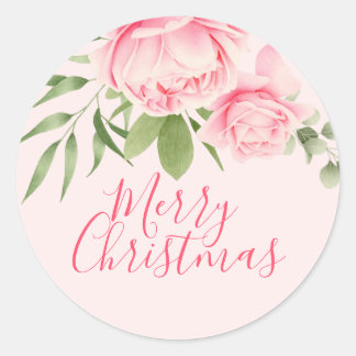 Merry christmas floral pink non traditional classic round sticker
