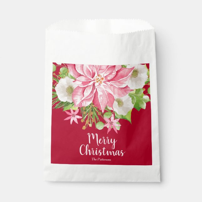 Merry Christmas Floral Poinsettia Holiday Favor Bag (Front)
