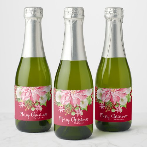 Merry Christmas Floral Poinsettia Holiday Mini Red Sparkling Wine Label