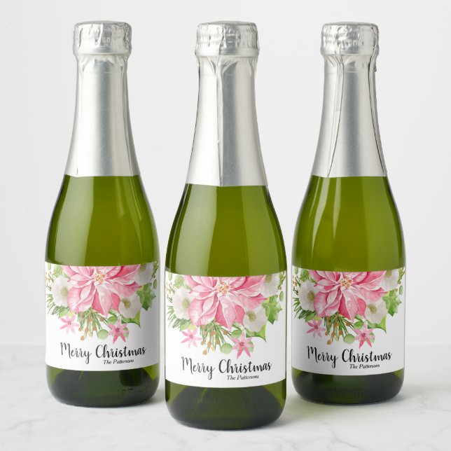Merry Christmas Floral Poinsettia Holiday Mini Sparkling Wine Label (Bottles)