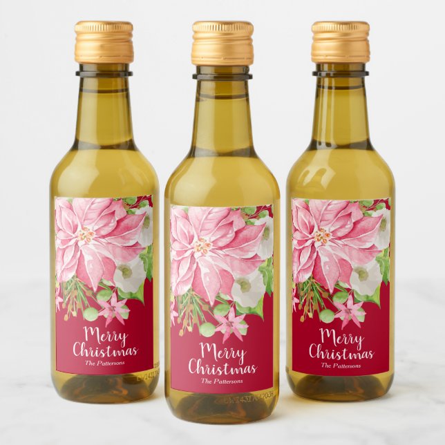 Merry Christmas Floral Poinsettia Holiday Mini Wine Label (Bottles)