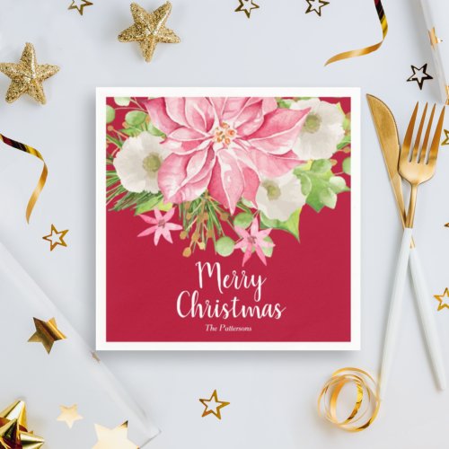 Merry Christmas Floral Poinsettia Holiday Napkins