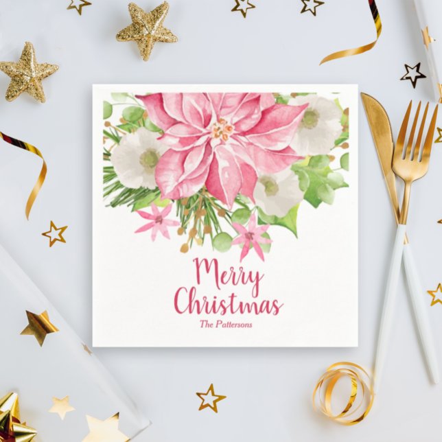 Merry Christmas Floral Poinsettia Holiday Napkins (Creator Uploaded)