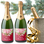 Merry Christmas Floral Poinsettia Holiday Red Sparkling Wine Label<br><div class="desc">Personalized red Christmas sparkling wine bottle labels that feature a large pink poinsettia,  winter flowers,  pines and holly leaves your details in chic lettering. MATCHING items in our store.</div>